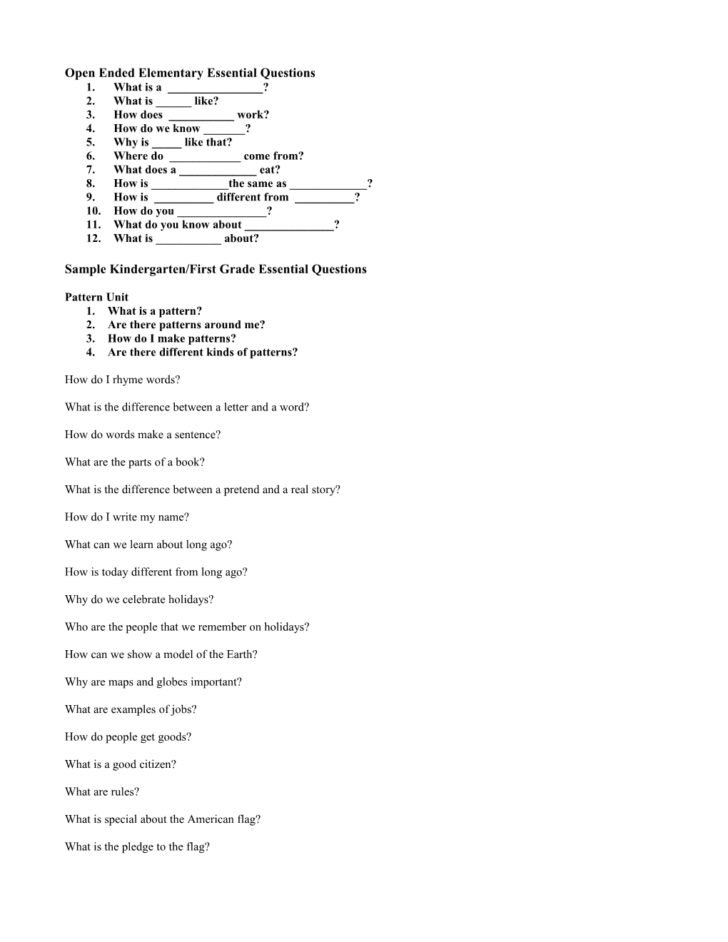 Sample Kindergarten Essential Questions