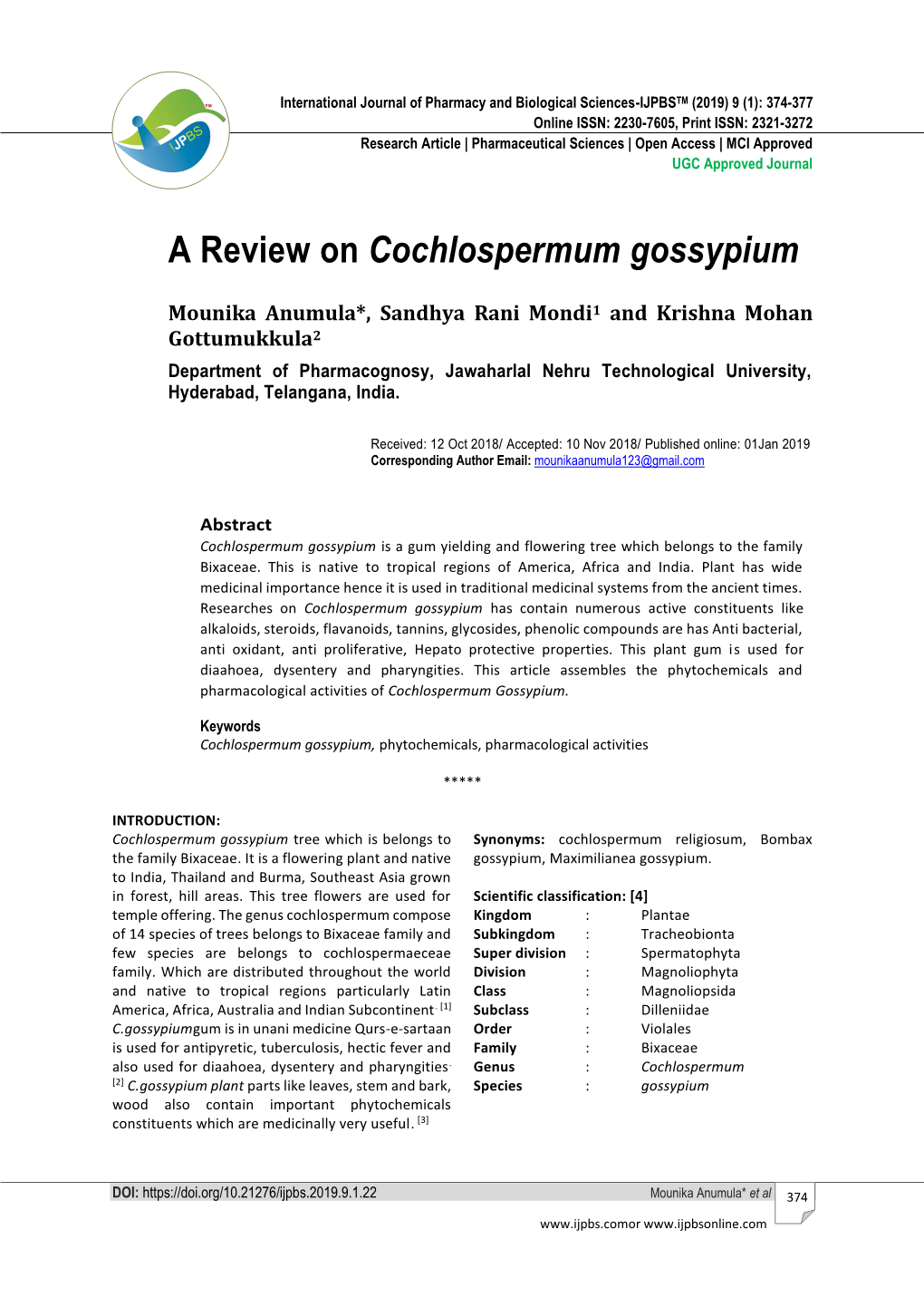 A Review on Cochlospermum Gossypium