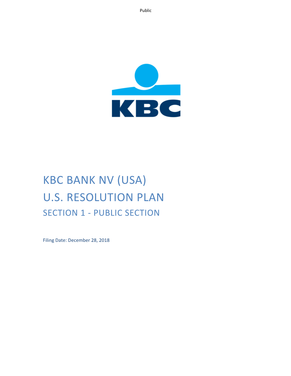 Kbc Bank Nv (Usa) U.S. Resolution Plan Section 1 - Public Section