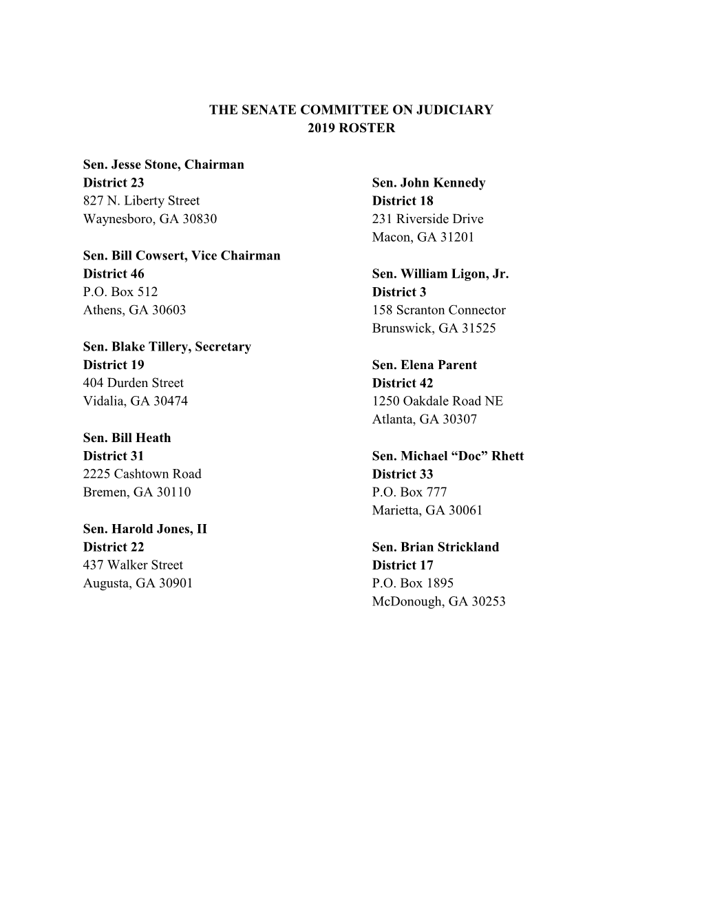 THE SENATE COMMITTEE on JUDICIARY 2019 ROSTER Sen