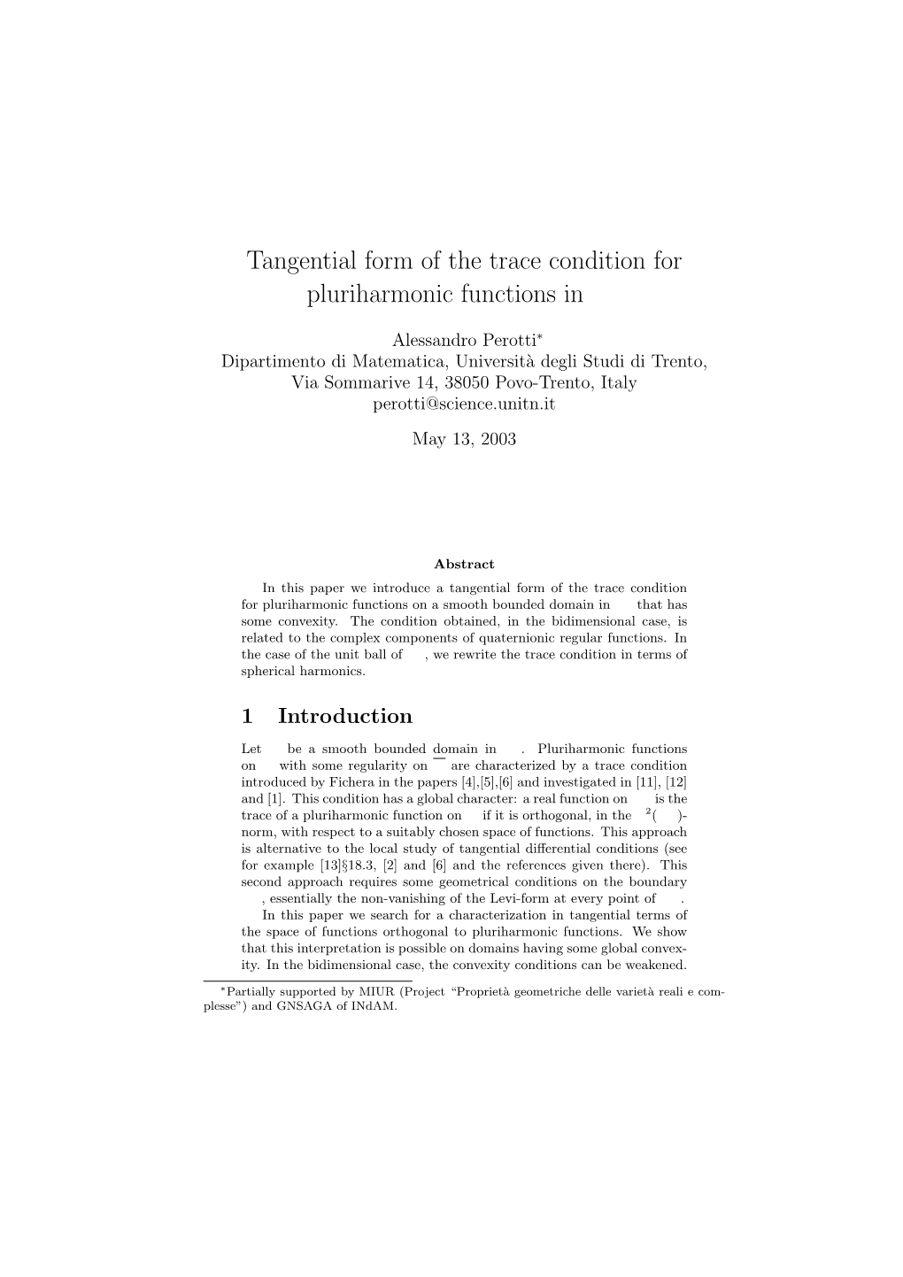 Tangential Form of the Trace Condition for Pluriharmonic Functions in Cn