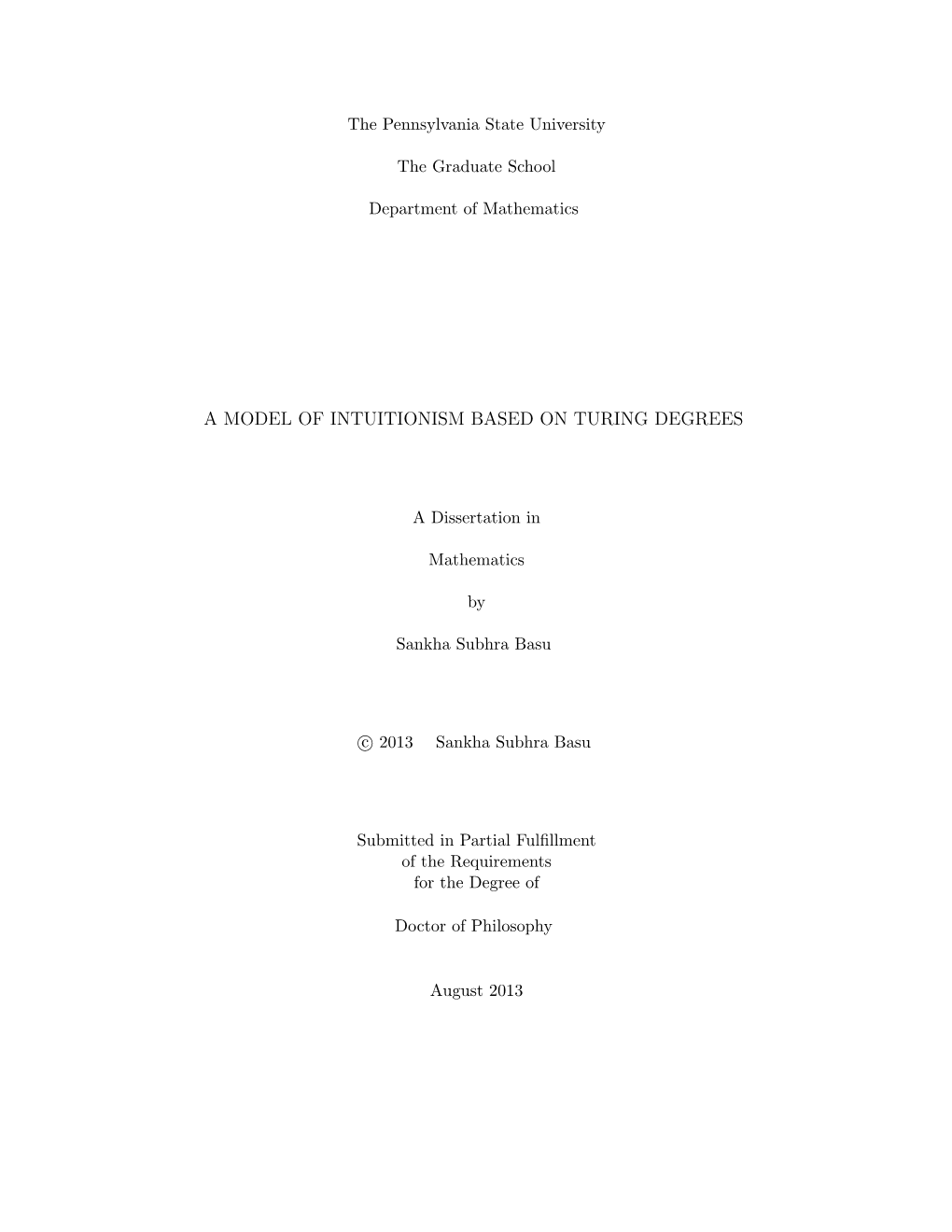 A Model of Intuitionism Based on Turing Degrees