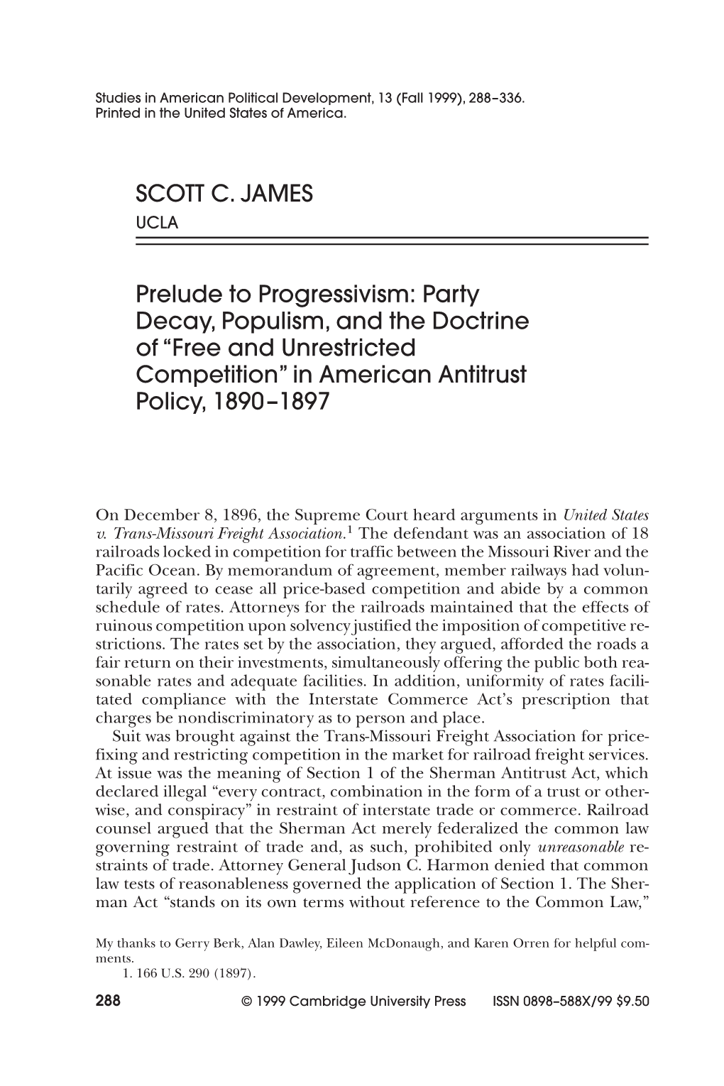 Party Decay, Populism, and the Doctrine of “Free and Unrestricted Competition” in American Antitrust Policy, 1890–1897