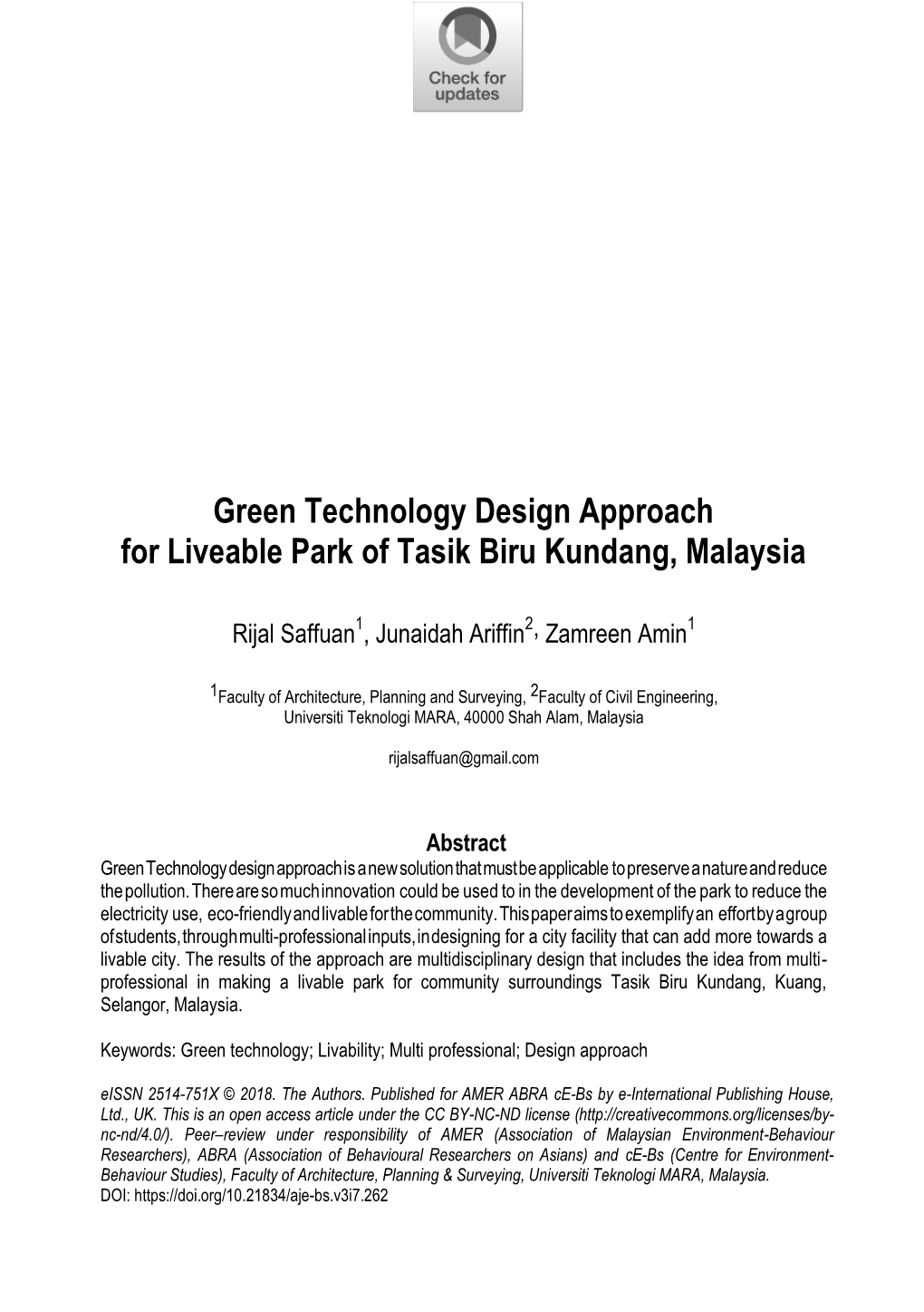 Green Technology Design Approach for Liveable Park of Tasik Biru Kundang, Malaysia