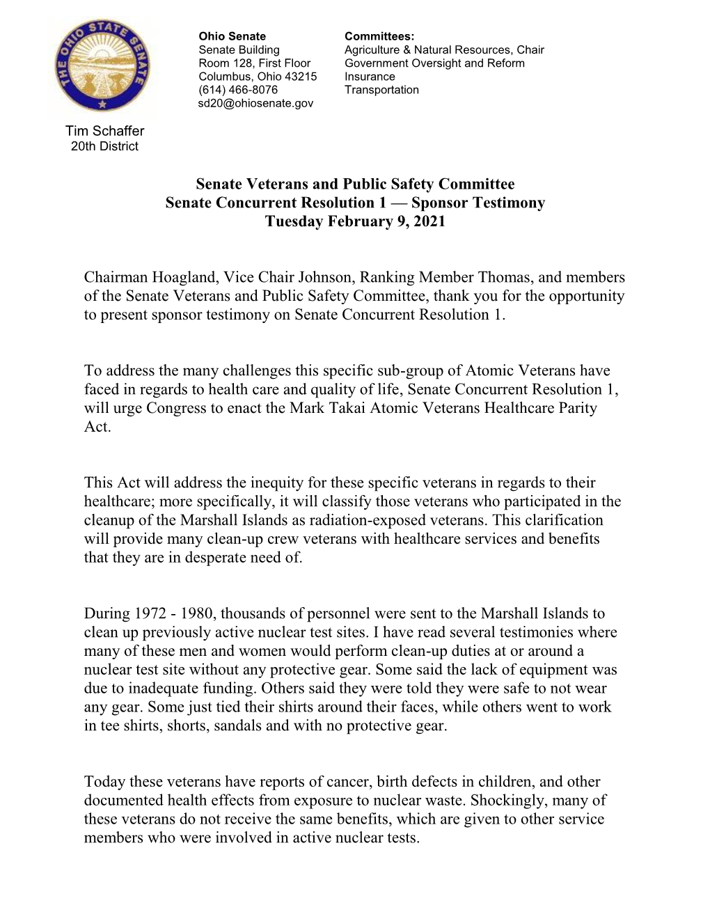 Senate Veterans and Public Safety Committee Senate Concurrent Resolution 1 — Sponsor Testimony Tuesday February 9, 2021