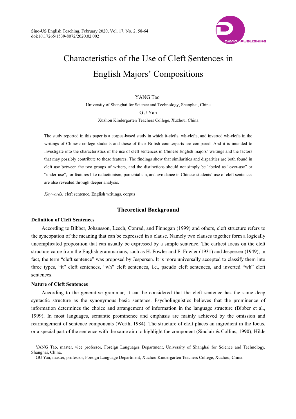 Characteristics of the Use of Cleft Sentences in English Majors' Compositions