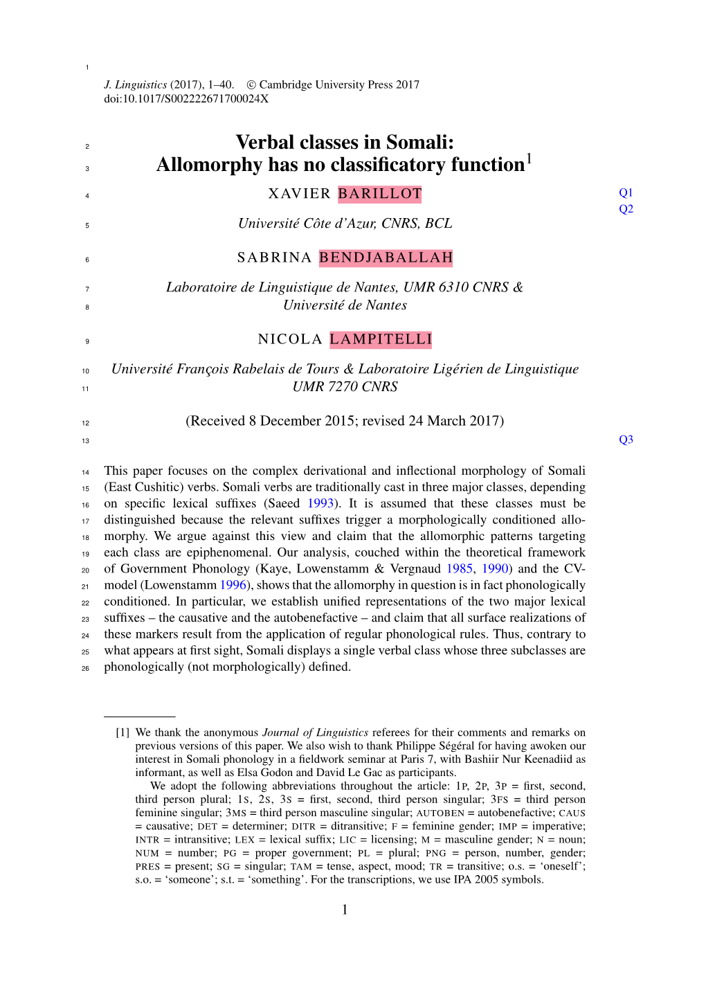 Verbal Classes in Somali: Allomorphy Has No Classificatory Function1