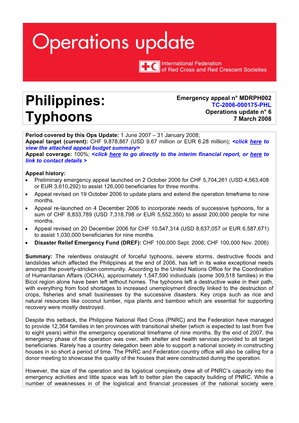 Philippines: Typhoons; Appeal No