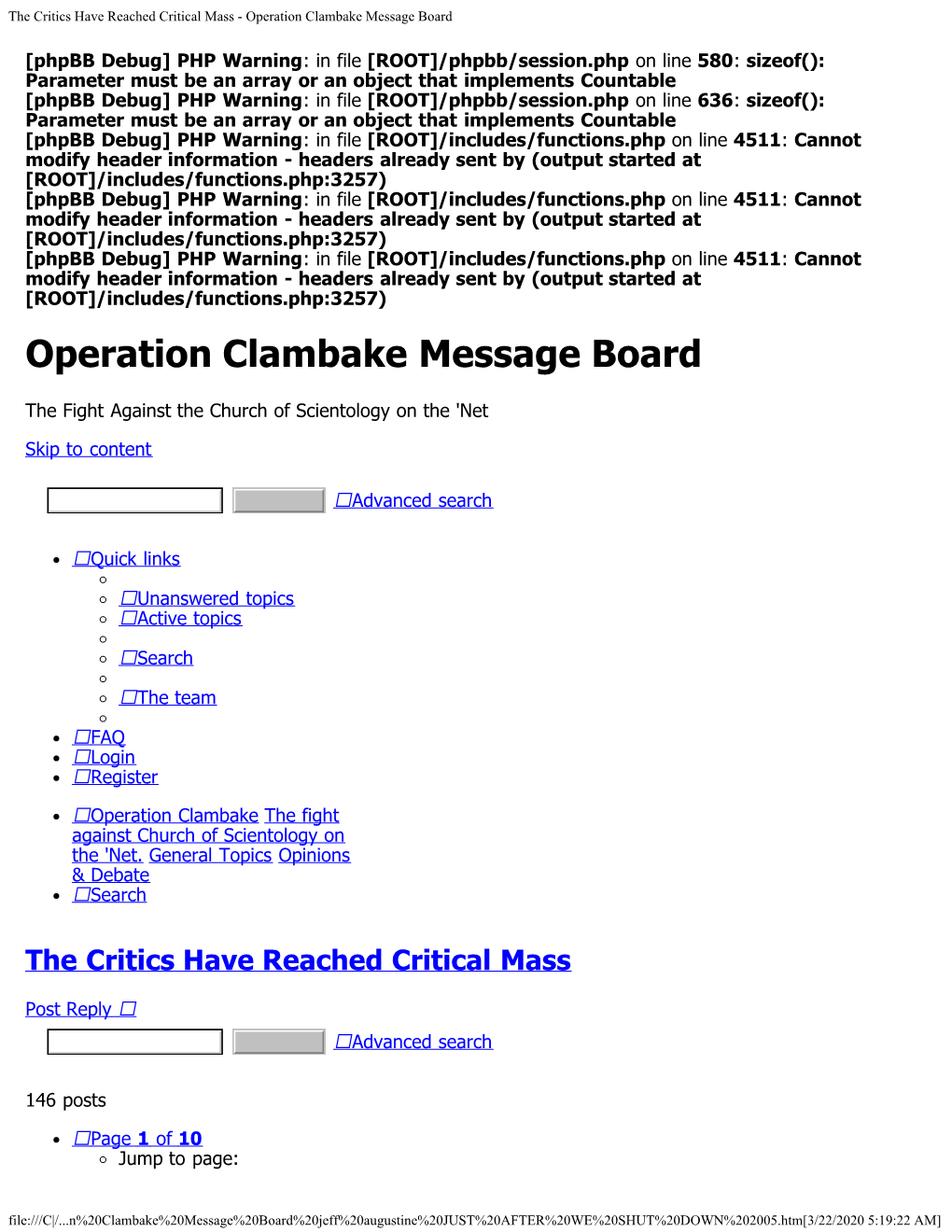 The Critics Have Reached Critical Mass - Operation Clambake Message Board