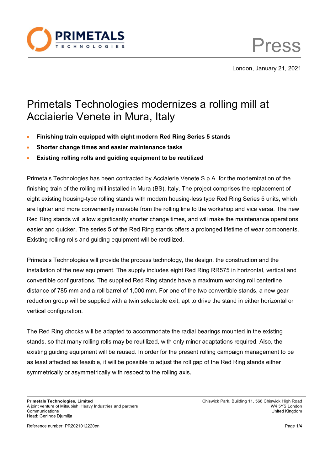 Primetals Technologies Modernizes a Rolling Mill at Acciaierie Venete in Mura, Italy