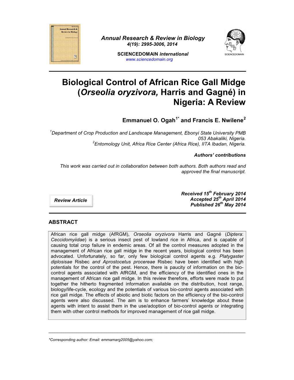 Biological Control of African Rice Gall Midge (Orseolia Oryzivora, Harris and Gagné) in Nigeria: a Review