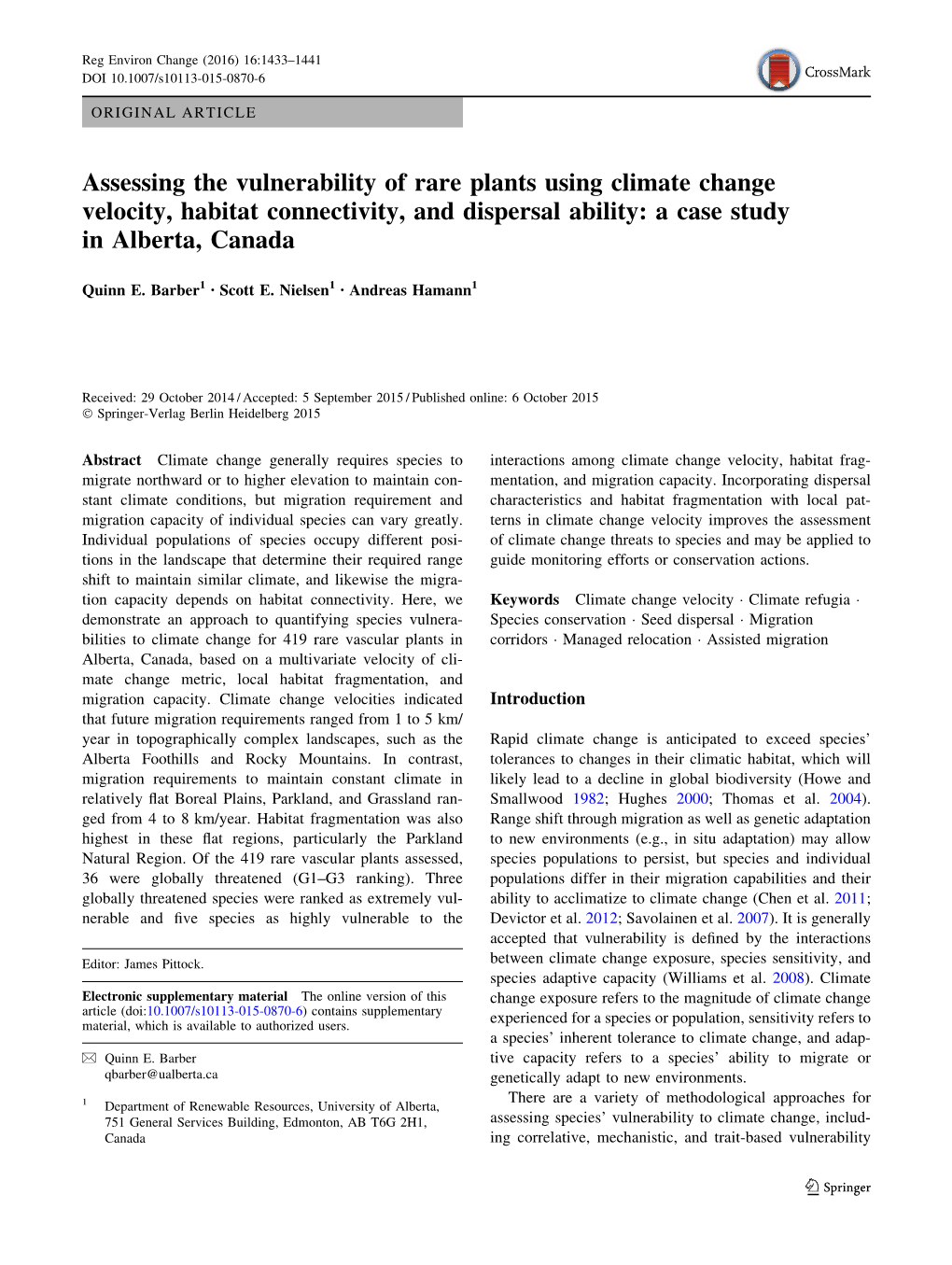 Assessing the Vulnerability of Rare Plants Using Climate Change Velocity, Habitat Connectivity, and Dispersal Ability: a Case Study in Alberta, Canada