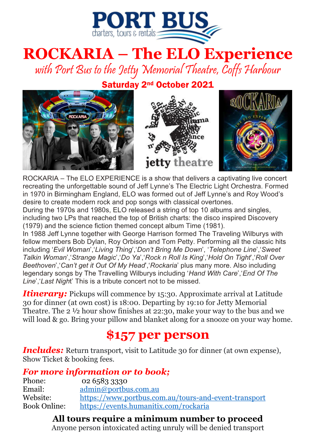 ROCKARIA – the ELO Experience with Port Bus to the Jetty Memorial Theatre, Coffs Harbour Saturday 2Nd October 2021