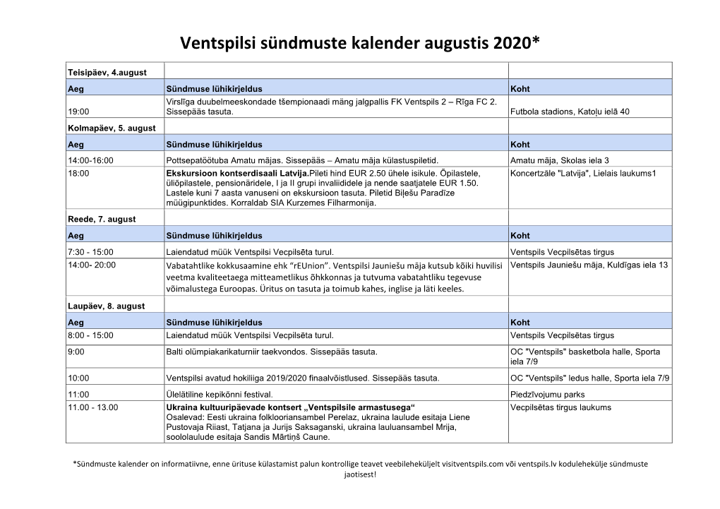 Ventspilsi Sündmuste Kalender Augustis 2020 EE