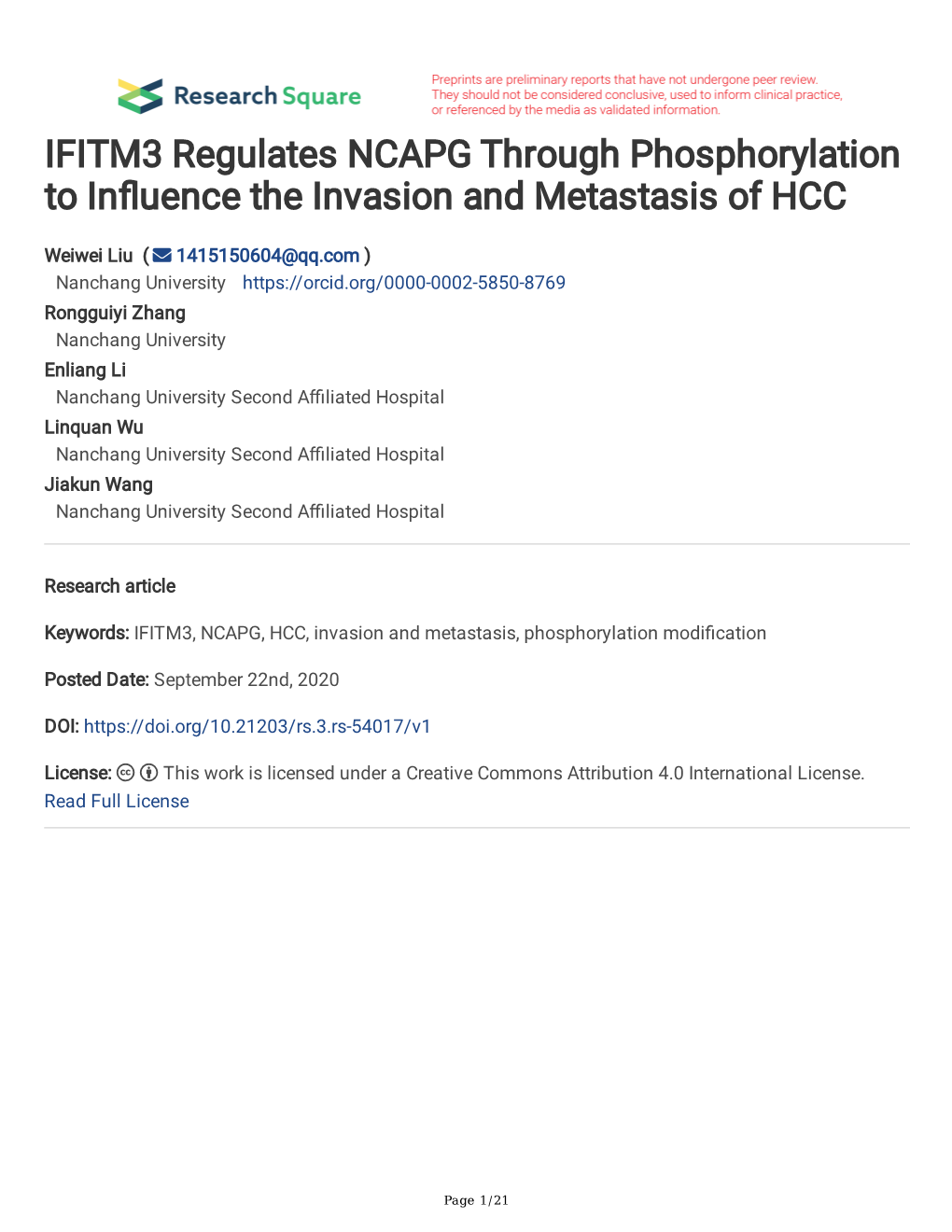 IFITM3 Regulates NCAPG Through Phosphorylation to in Uence The