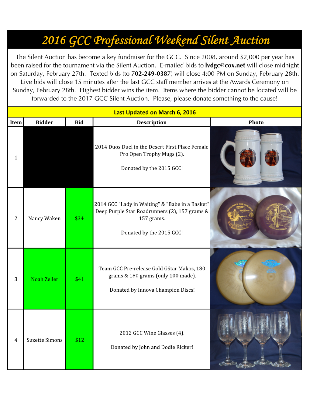 2016 GCC Professional Weekend Silent Auction