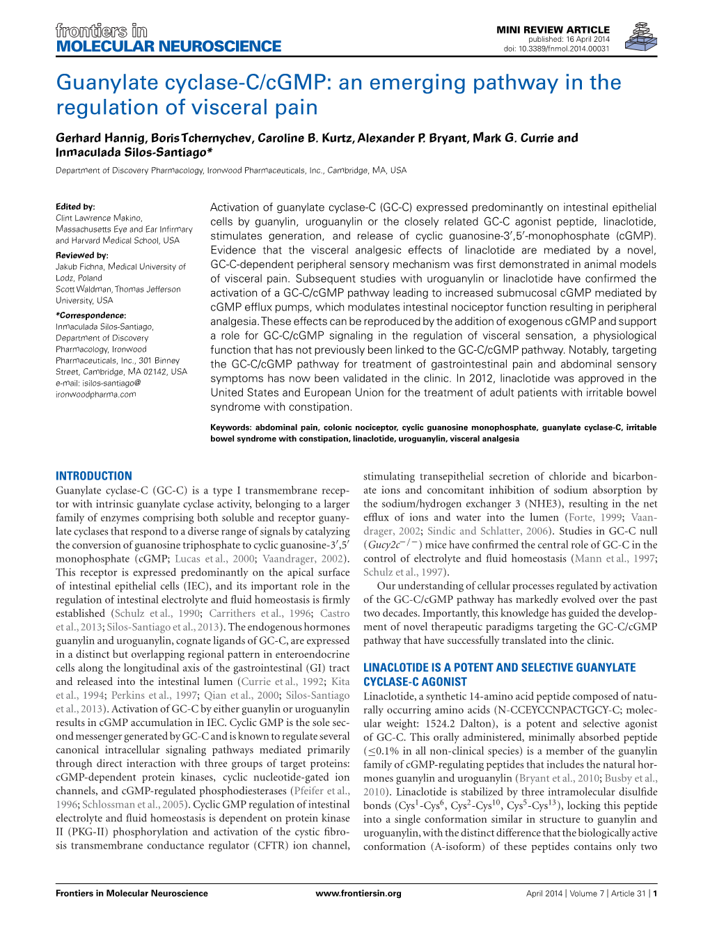 Guanylate Cyclase-C/Cgmp: an Emerging Pathway in the Regulation of Visceral Pain