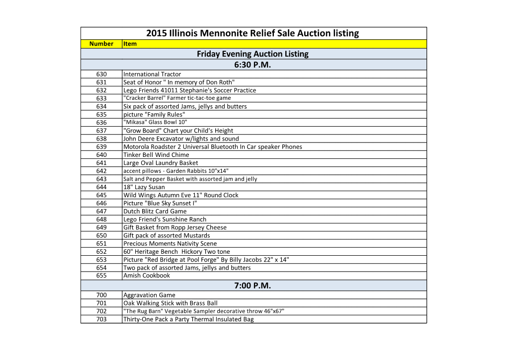 2015 Illinois Mennonite Relief Sale Auction Listing Number Item Friday Evening Auction Listing 6:30 P.M