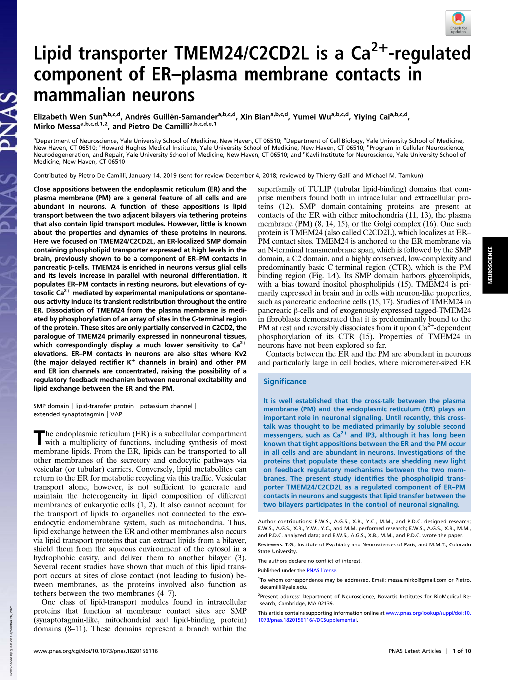 Lipid Transporter TMEM24/C2CD2L Is a Ca2 -Regulated Component of ER–Plasma Membrane Contacts in Mammalian Neurons