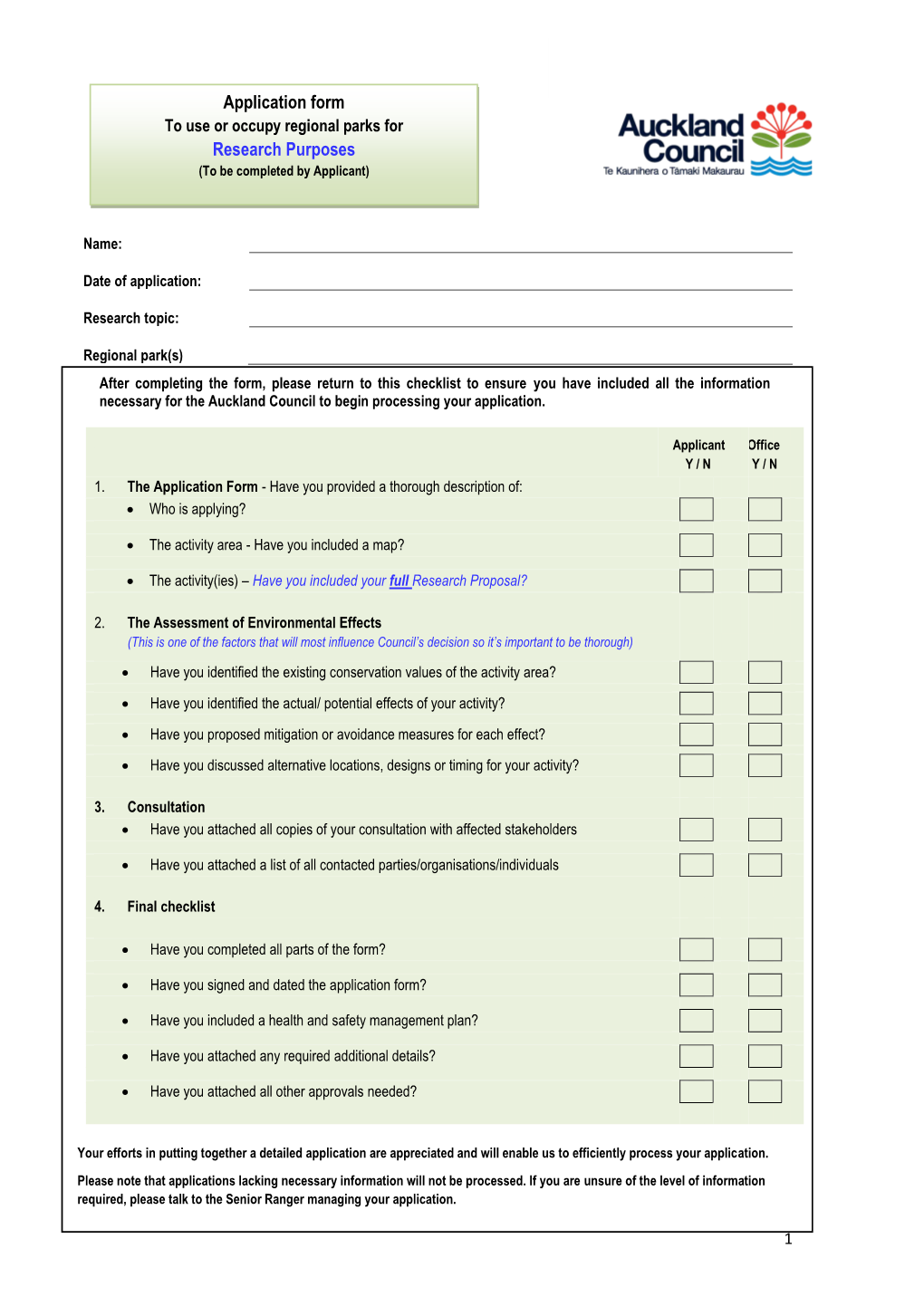 Application Form: to Use Or Occupy Regional Parks for Research Purposes