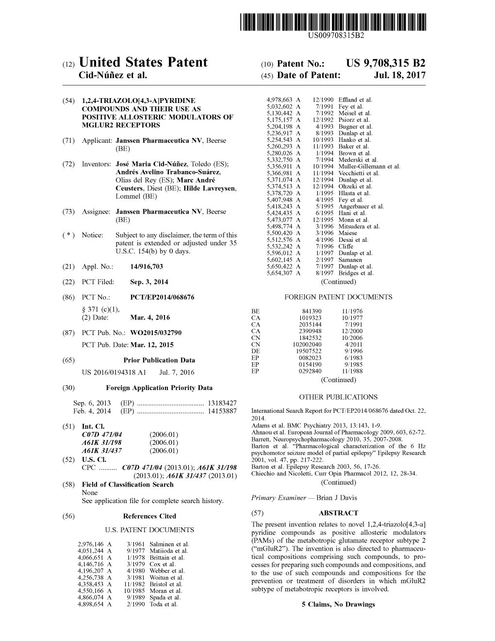 (12) United States Patent (10) Patent No.: US 9,708,315 B2 Cid-Nifiez Et Al