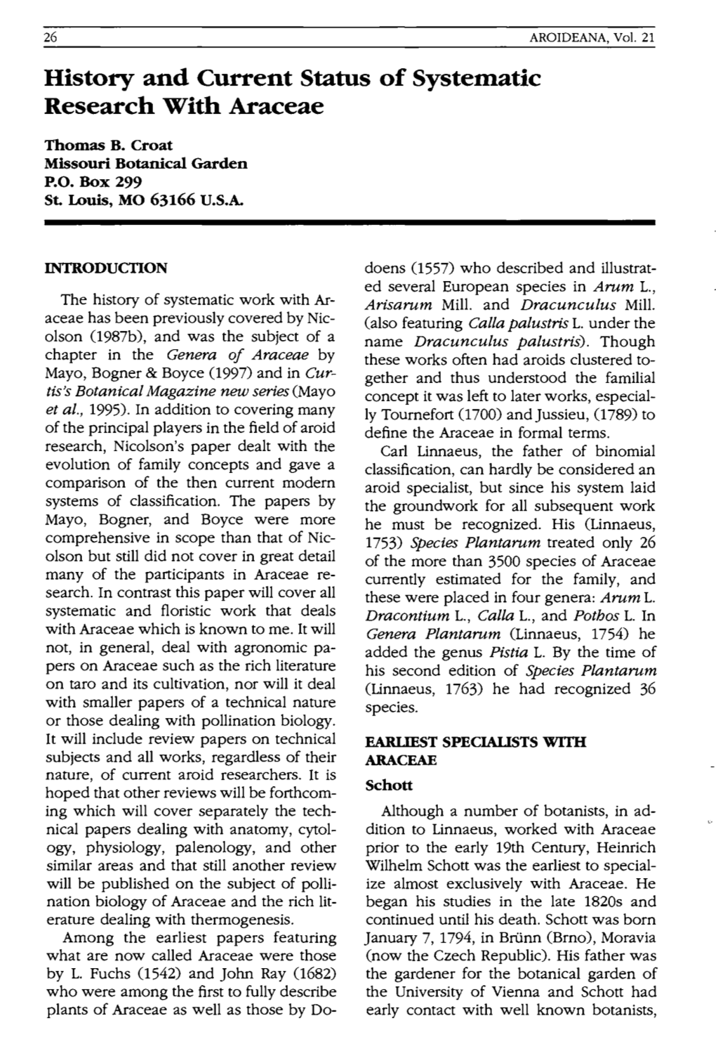 History and Current Status of Systematic Research with Araceae