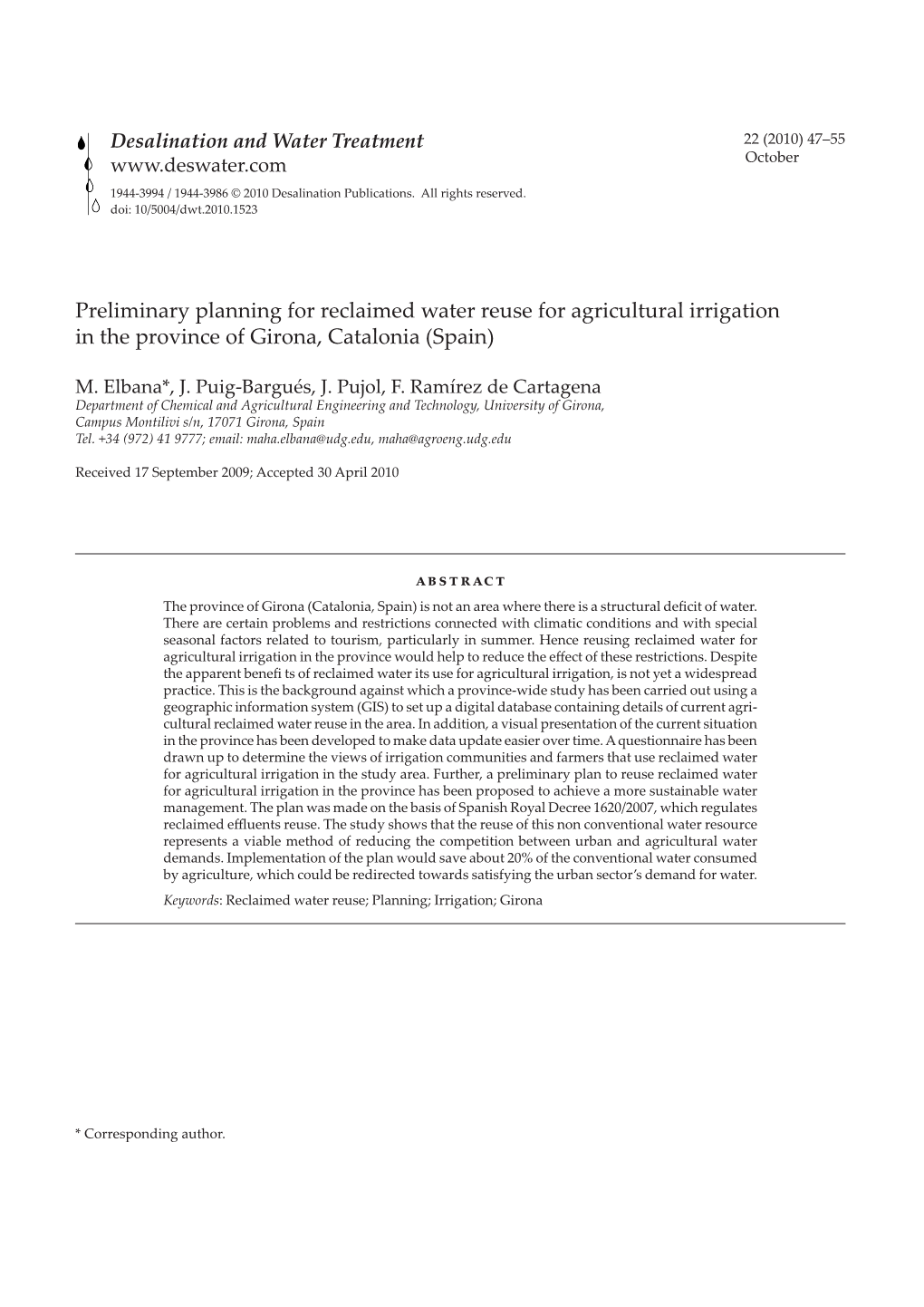 Preliminary Planning for Reclaimed Water Reuse for Agricultural Irrigation in the Province of Girona, Catalonia (Spain)