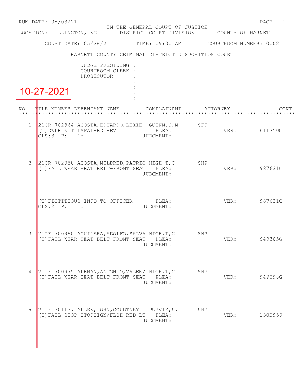 Run Date: 05/03/21 Page 1 in the General Court of Justice Location: Lillington, Nc District Court Division County of Harnett