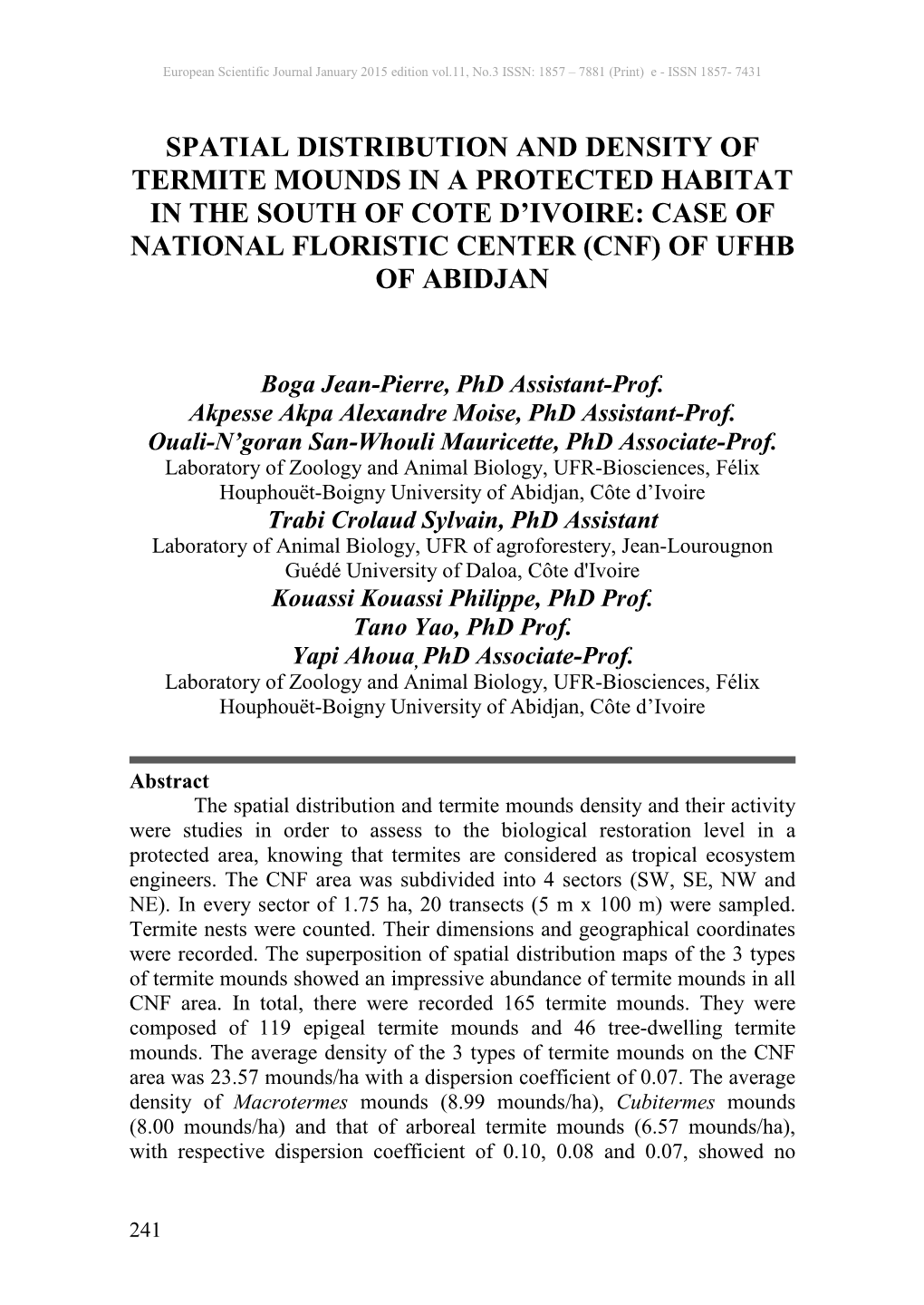 Spatial Distribution and Density of Termite Mounds in a Protected Habitat in the South of Cote D’Ivoire: Case of National Floristic Center (Cnf) of Ufhb of Abidjan