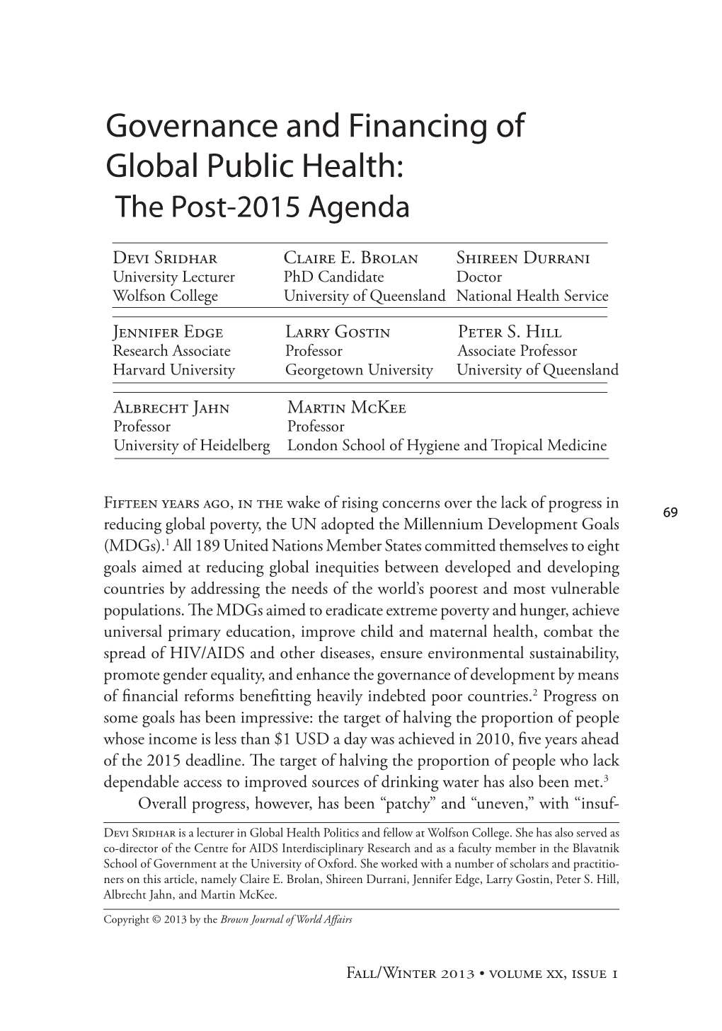 Governance and Financing of Global Public Health: the Post-2015 Agenda