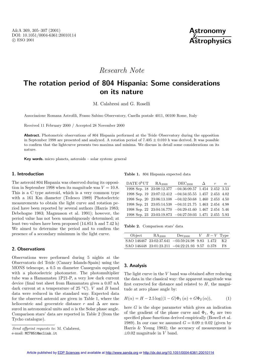 Research Note the Rotation Period of 804 Hispania: Some Considerations on Its Nature