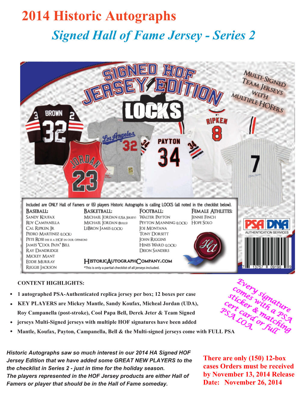 2014 Historic Autographs Signed Hall of Fame Jersey - Series 2