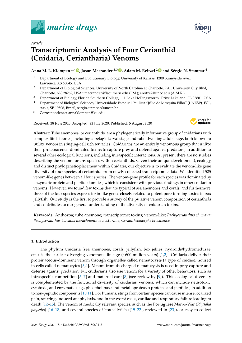 Transcriptomic Analysis of Four Cerianthid (Cnidaria, Ceriantharia) Venoms