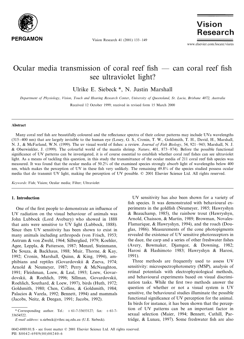 Can Coral Reef Fish See Ultraviolet Light?