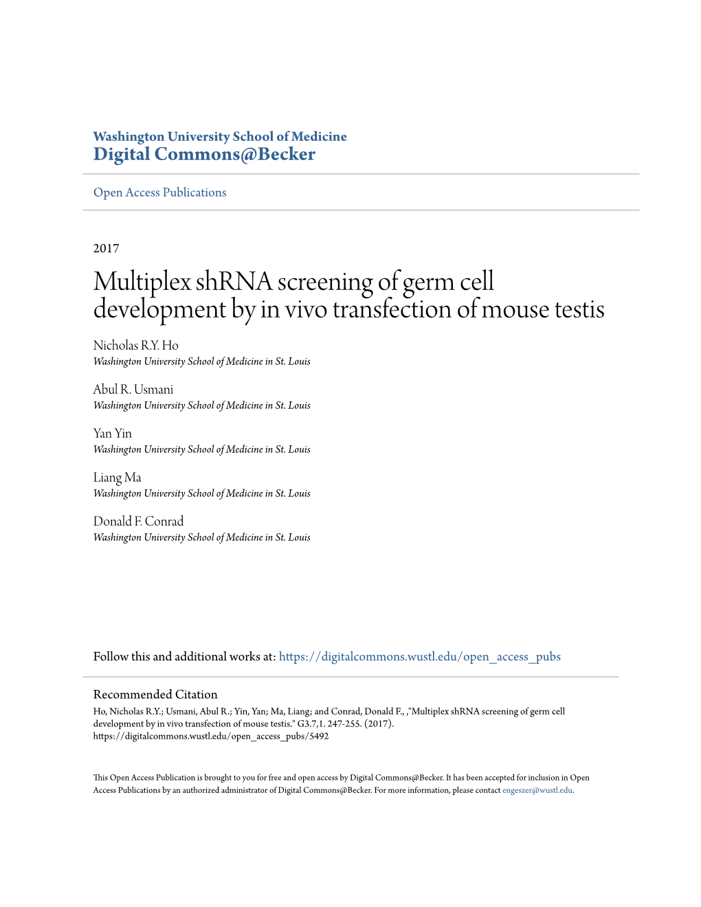 Multiplex Shrna Screening of Germ Cell Development by in Vivo Transfection of Mouse Testis Nicholas R.Y
