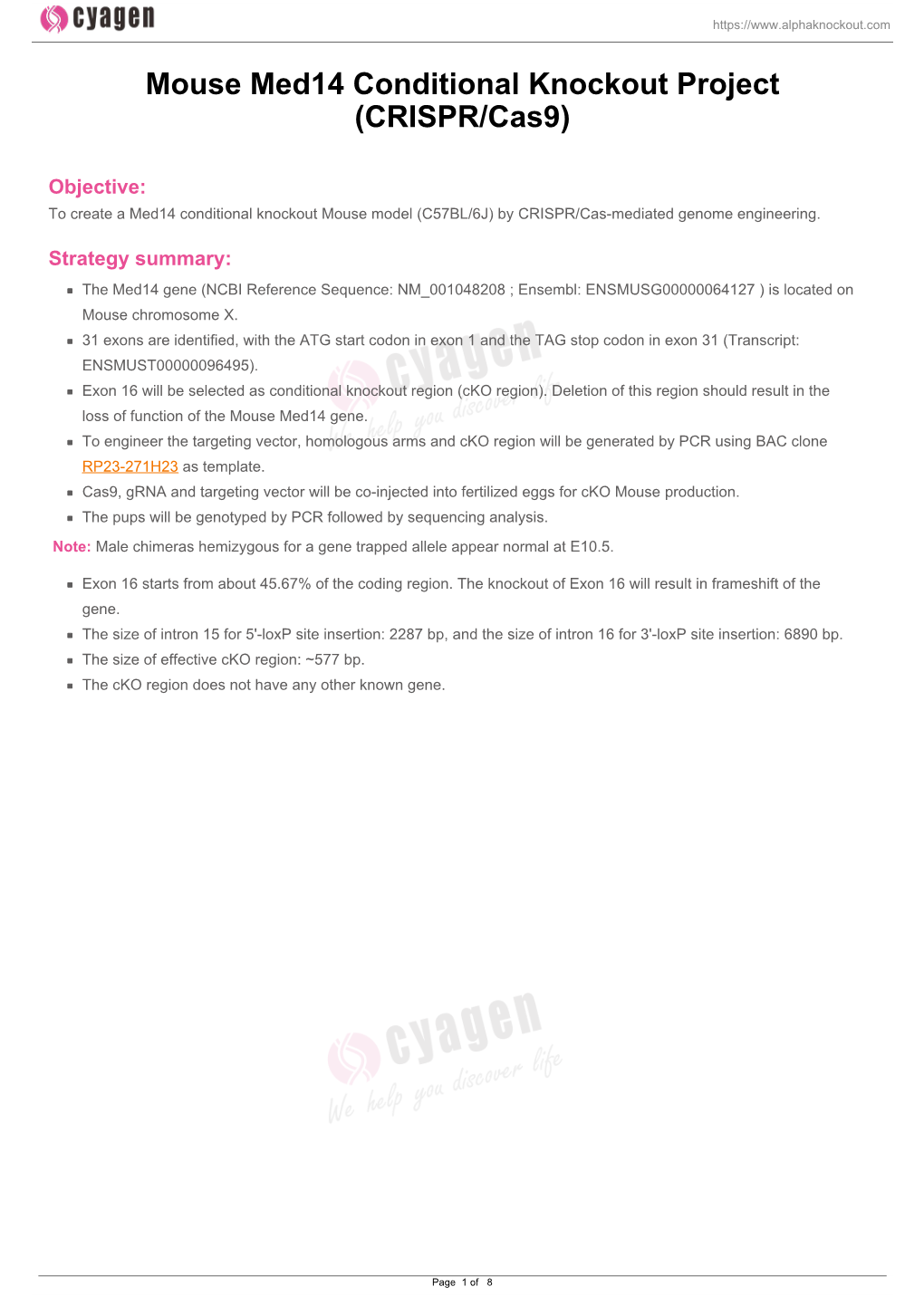 Mouse Med14 Conditional Knockout Project (CRISPR/Cas9)