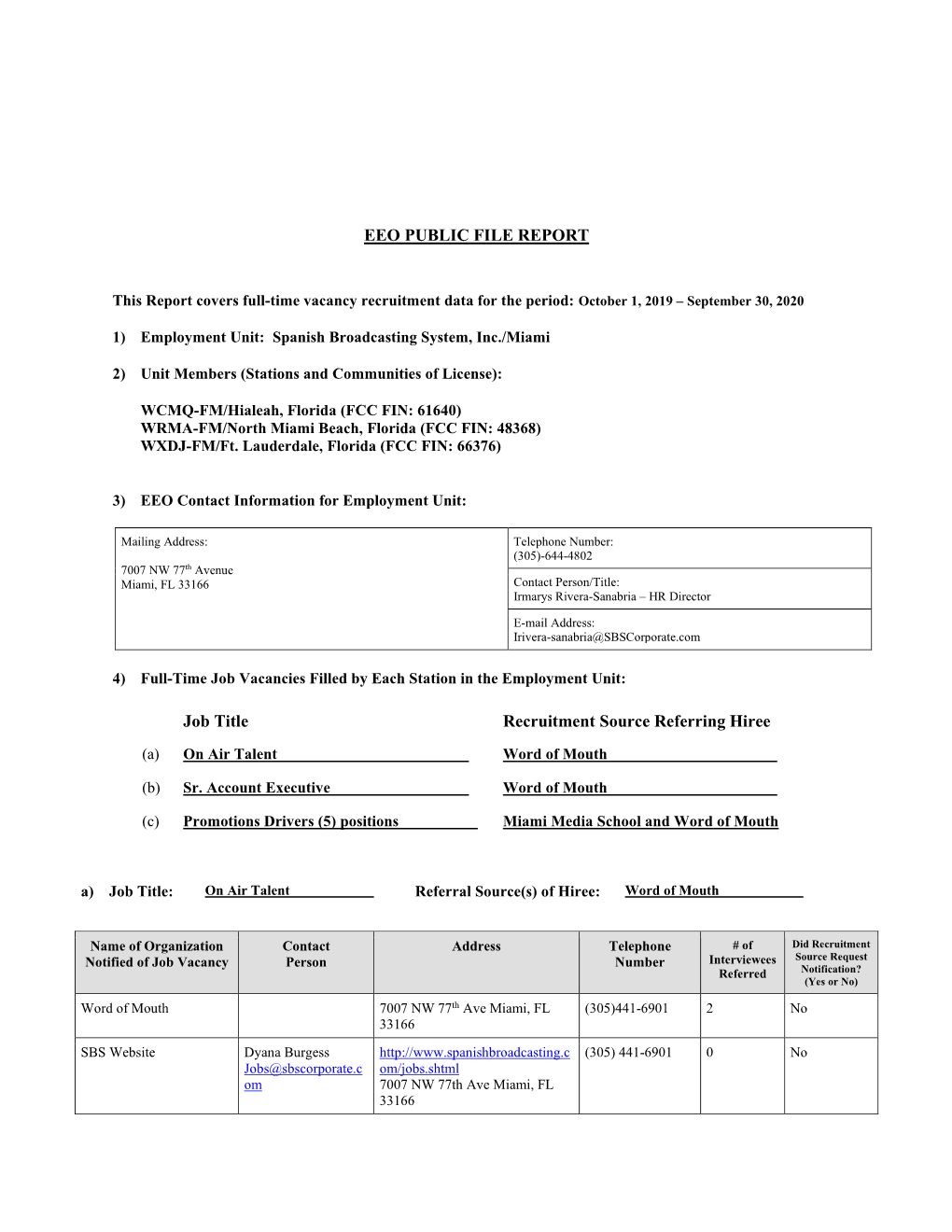 EEO PUBLIC FILE REPORT Job Title Recruitment Source Referring Hiree