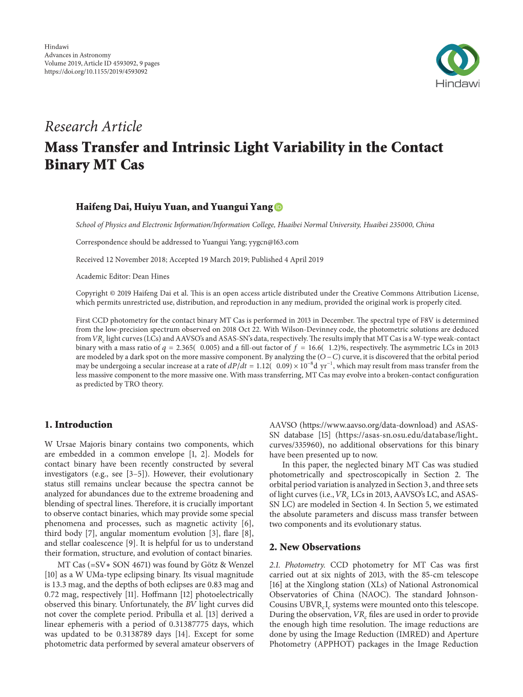 Research Article Mass Transfer and Intrinsic Light Variability in the Contact Binary MT Cas