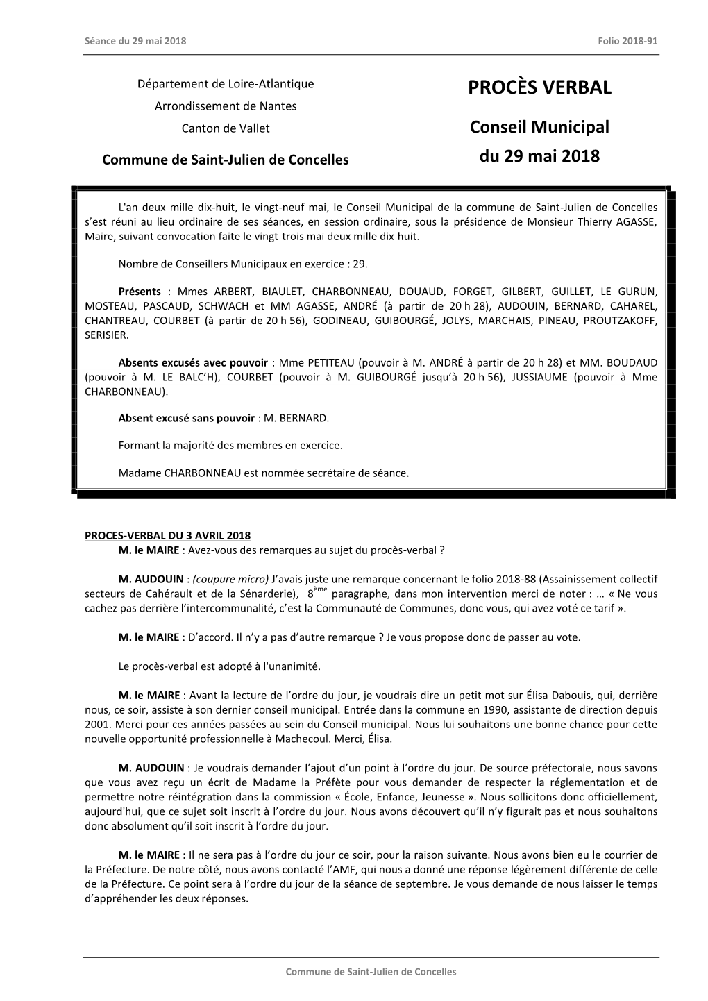 PROCÈS VERBAL Arrondissement De Nantes Canton De Vallet Conseil Municipal