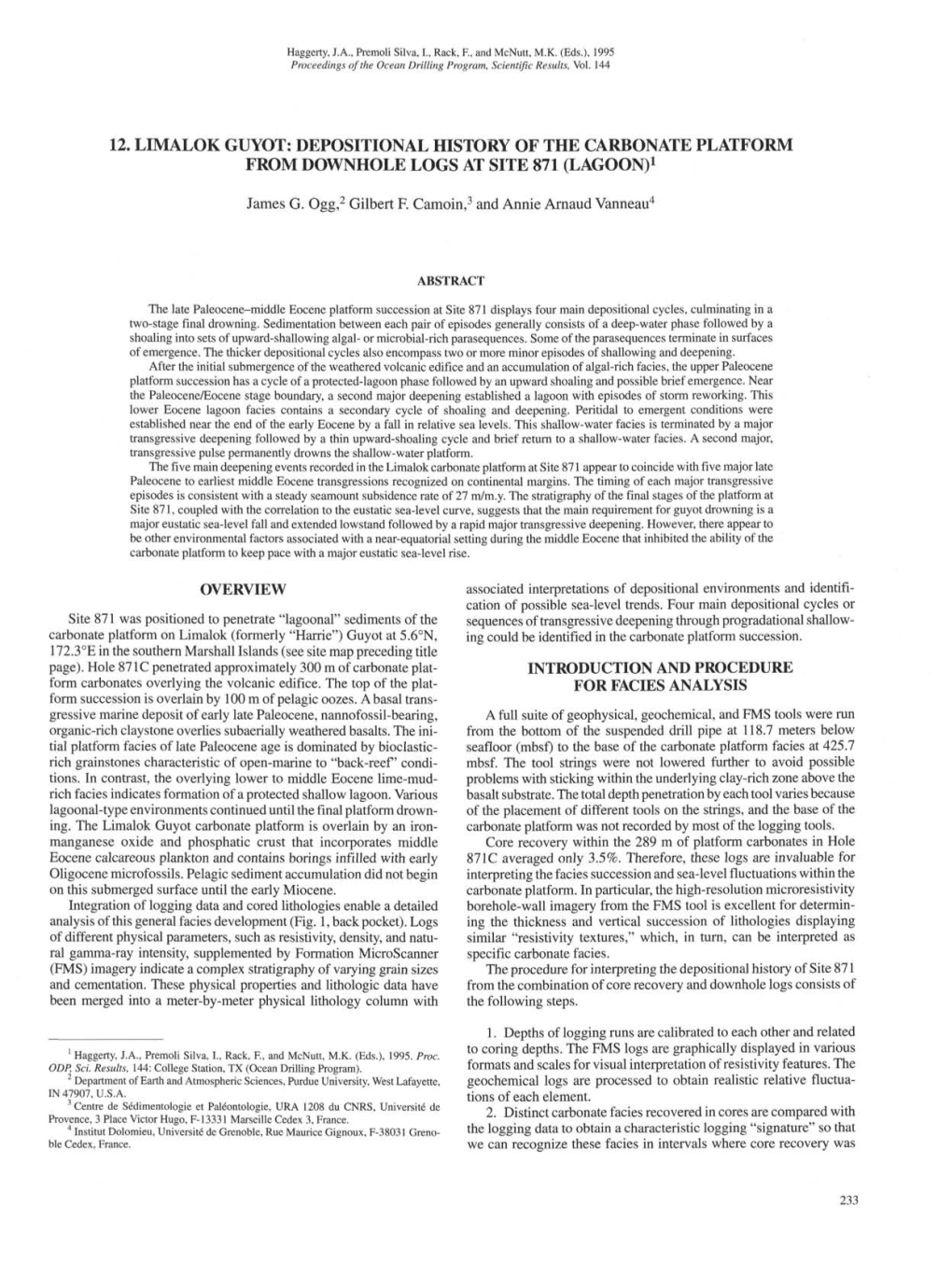 12. Limalok Guyot: Depositional History of the Carbonate Platform from Downhole Logs at Site 871 (Lagoon)1