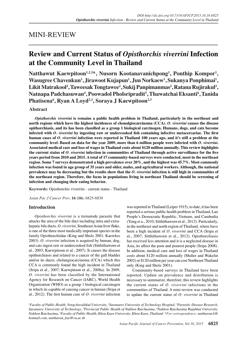 MINI-REVIEW Review and Current Status of Opisthorchis Viverrini