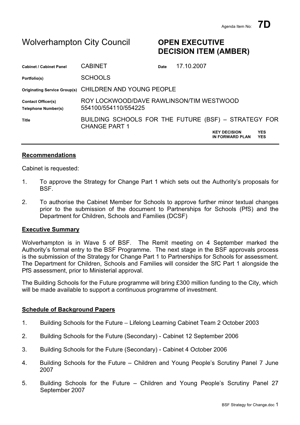 Wolverhampton City Council OPEN EXECUTIVE DECISION ITEM (AMBER)