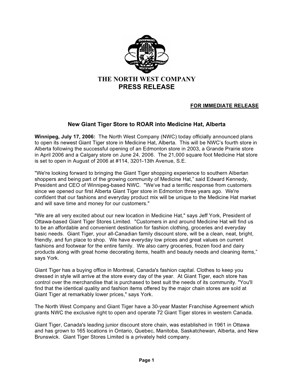 The North West Company Press Release