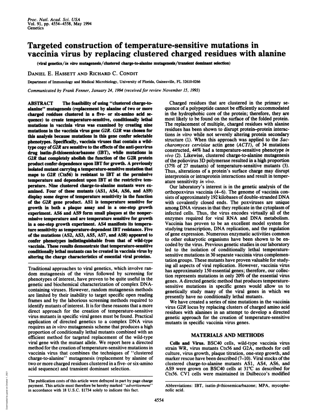 Vaccinia Virus by Replacing Clustered Charged Residues with Alanine