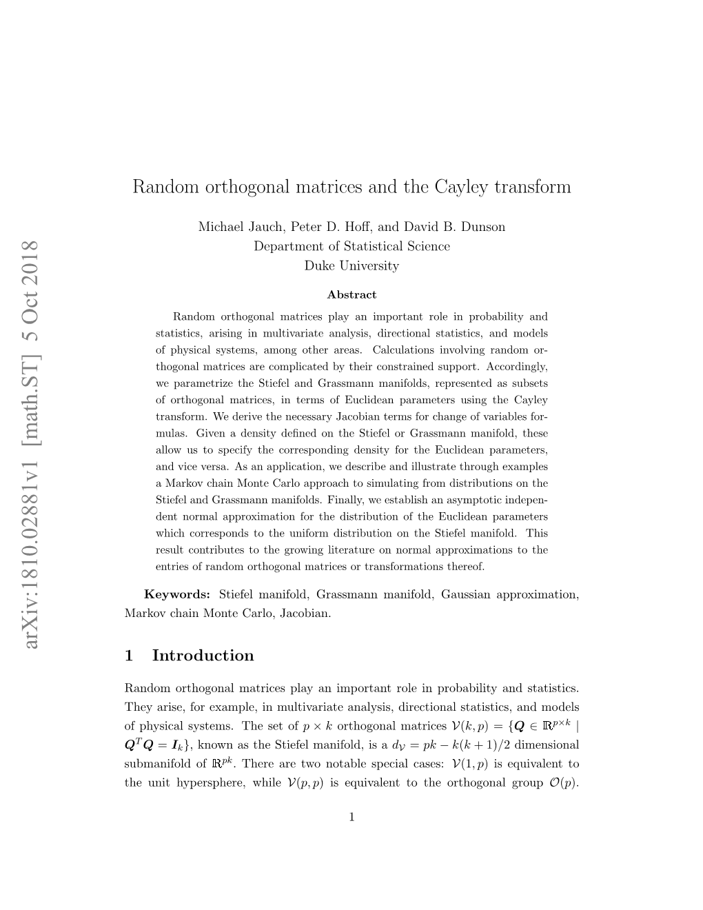 Random Orthogonal Matrices and the Cayley Transform