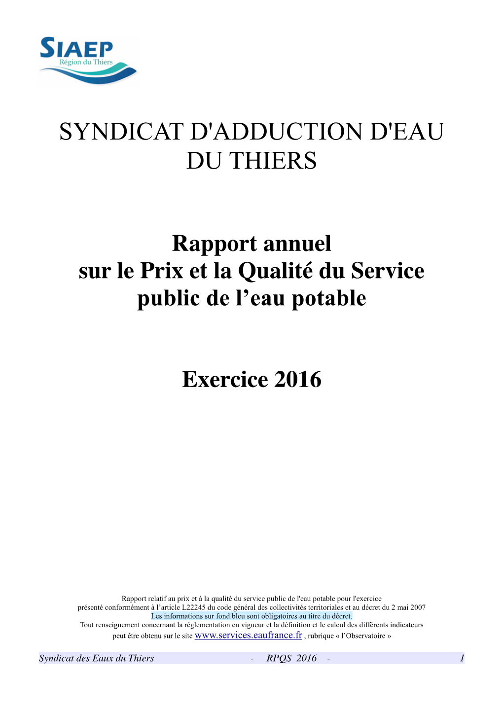 Rapport Annuel Sur Le Prix Et La Qualité Du Service Public De L’Eau Potable