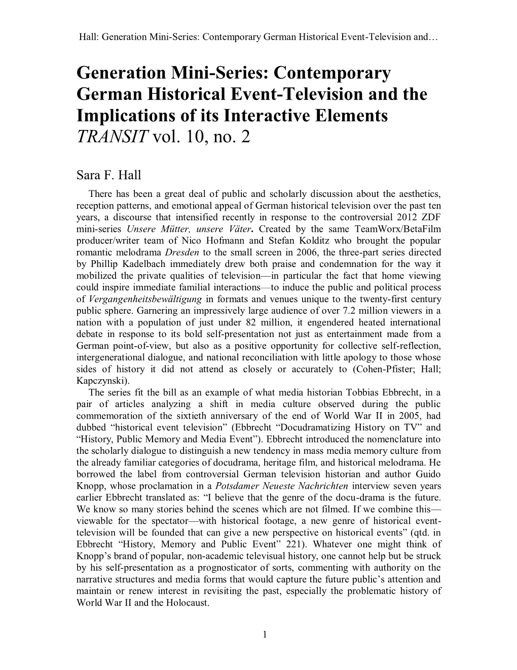 Generation Mini-Series: Contemporary German Historical Event-Television And…