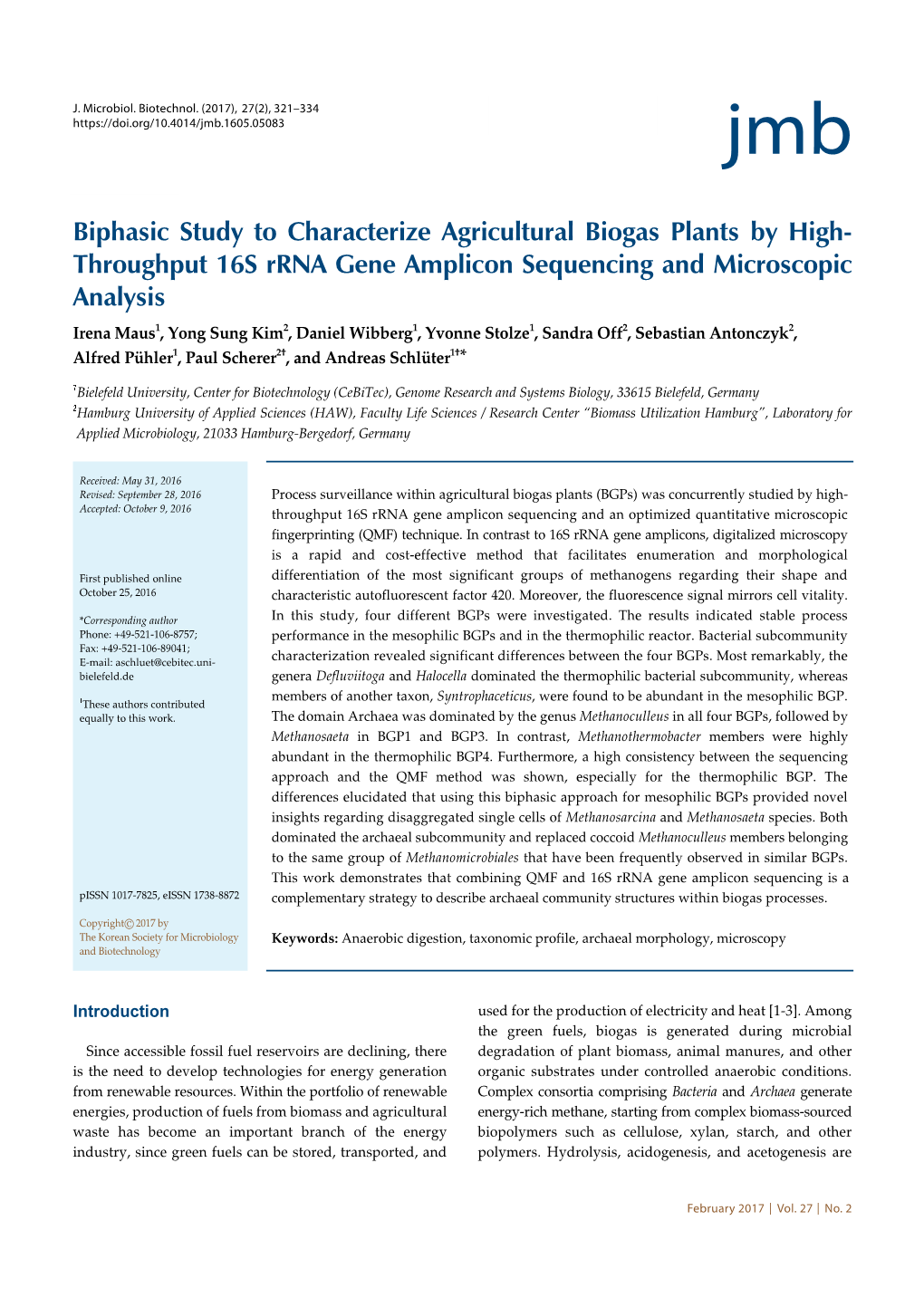 Biphasic Study to Characterize Agricultural Biogas Plants by High