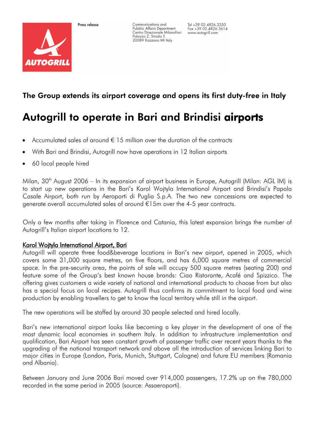 Autogrill to Operate in Bari and Brindisi Airports