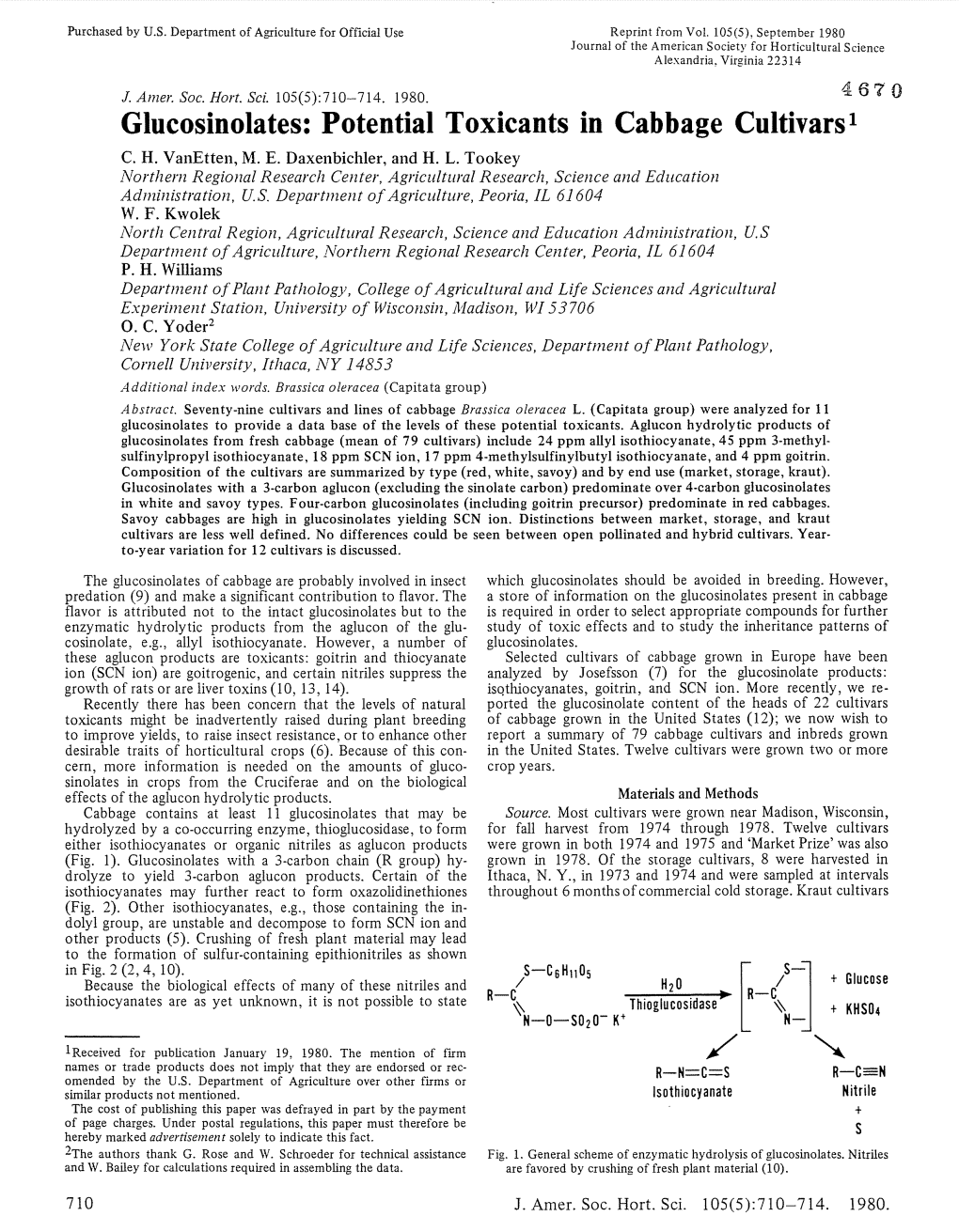 Glucosinolates: Potential Toxicants in Cabbage Cultivars 1 C